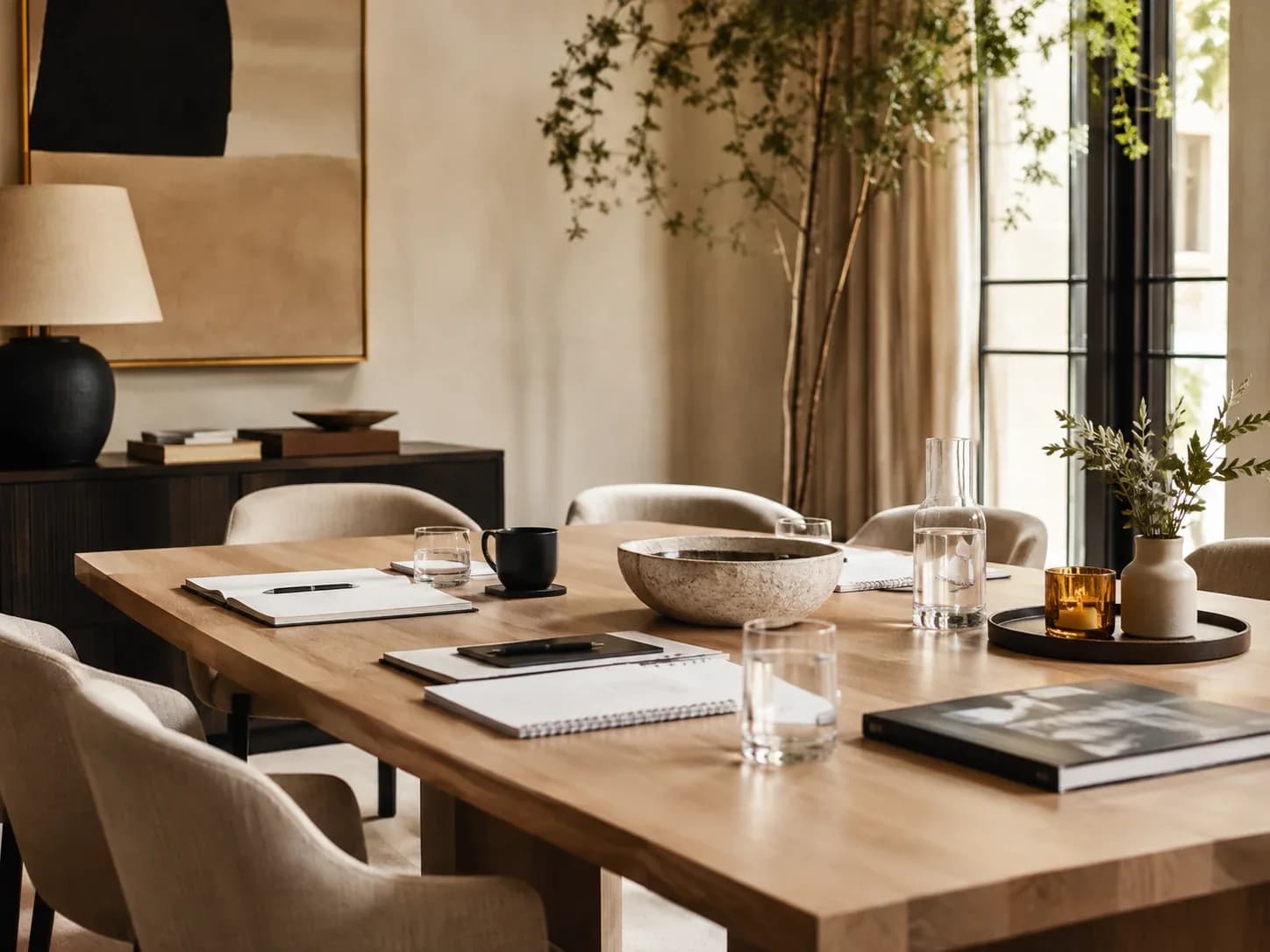 Oak meeting table set with open notebooks, water glasses and a stone bowl beside a tall window.