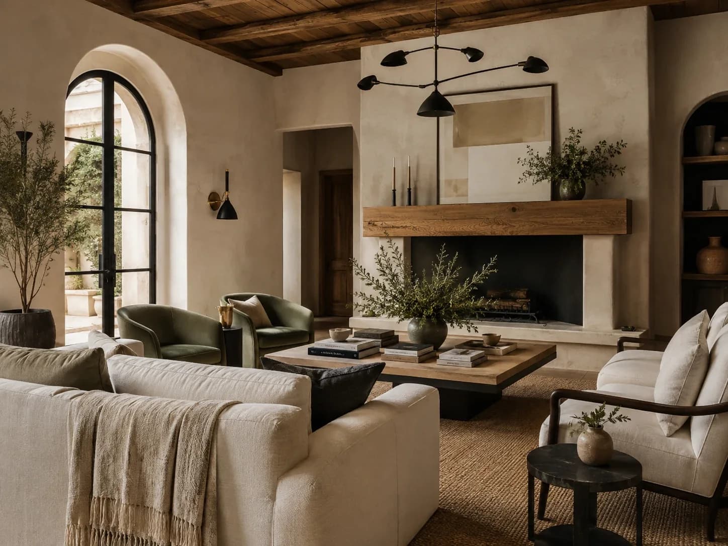 Sunlit hospitality lounge with plaster walls, a timber fireplace beam, olive branches and soft neutral seating.