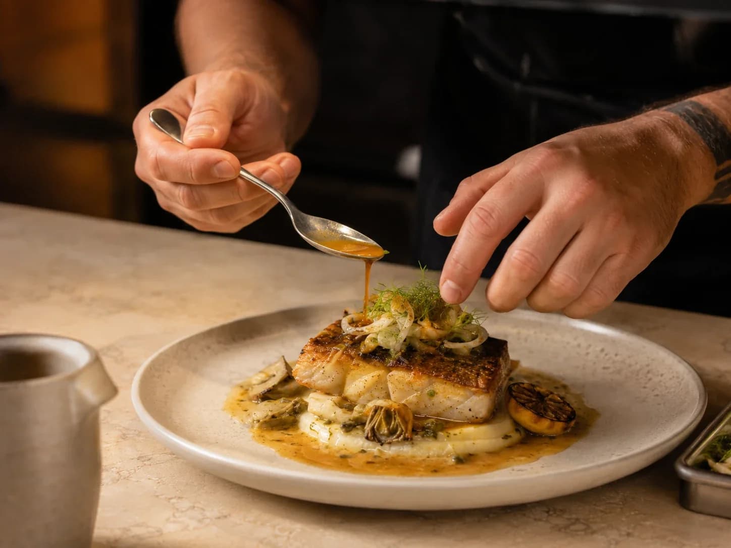Chef spooning sauce over a plated fish dish at the pass, hands and spoon above the plate.