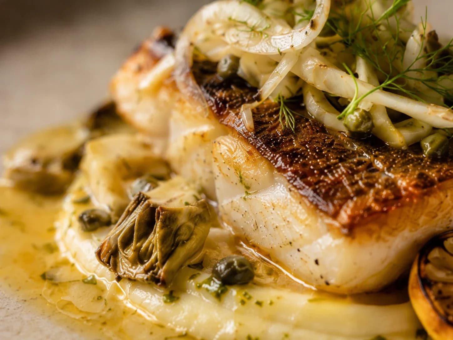 Close crop of seared fish skin, shaved fennel, capers and a glossy herb butter sauce.