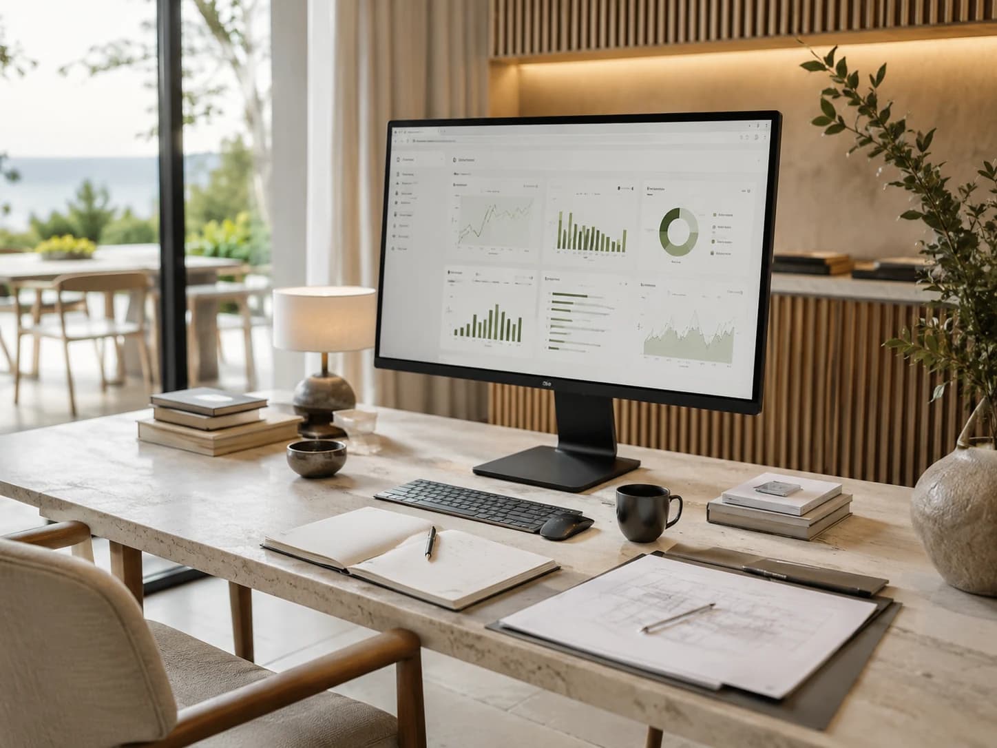 Analytics dashboard of sage charts on a monitor, on a stone desk in a daylit workspace with a timber slat wall and a coastal view.