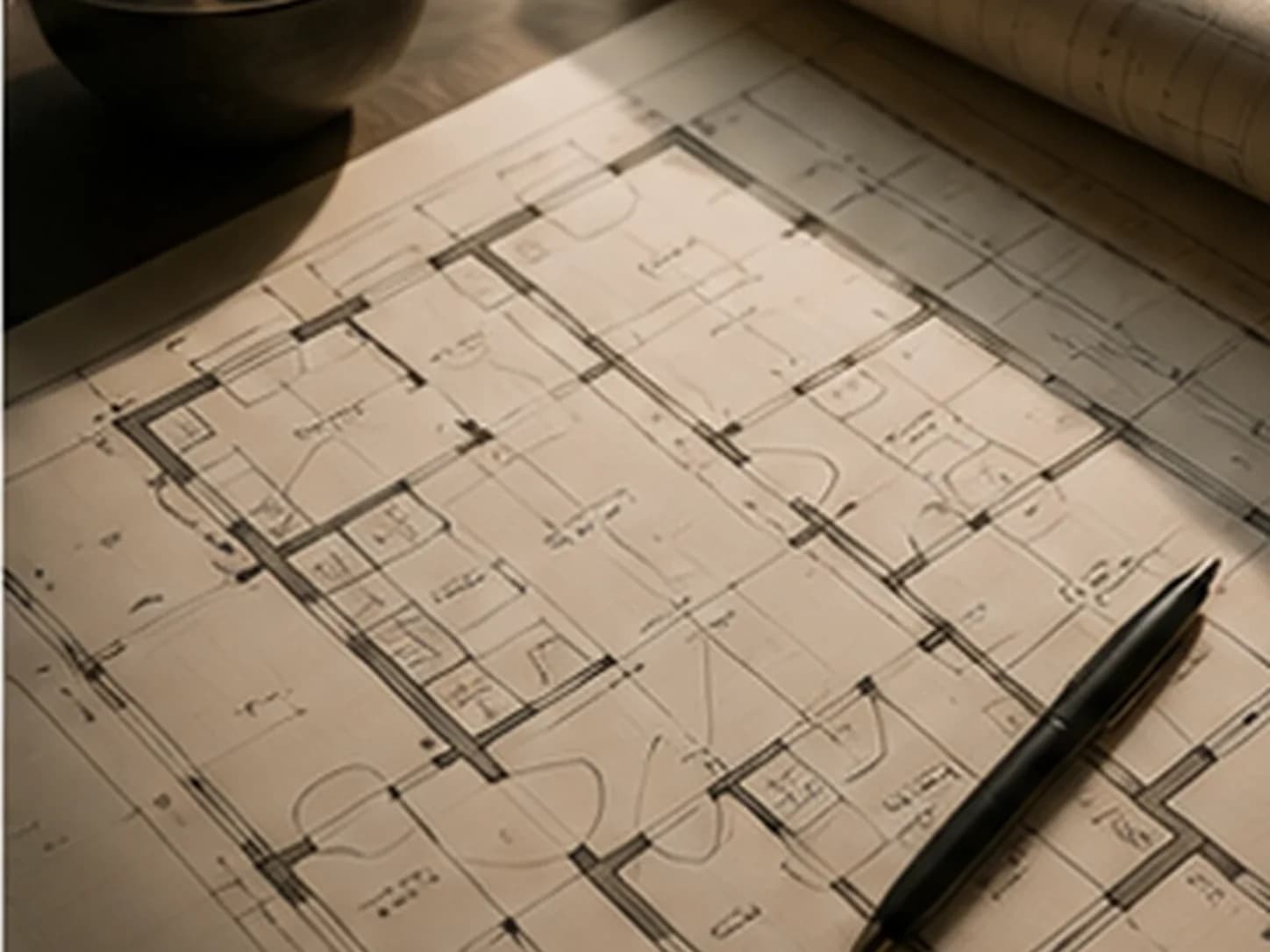 Architectural floor plan drawn on tracing paper with a pen and a rolled drawing beside it.