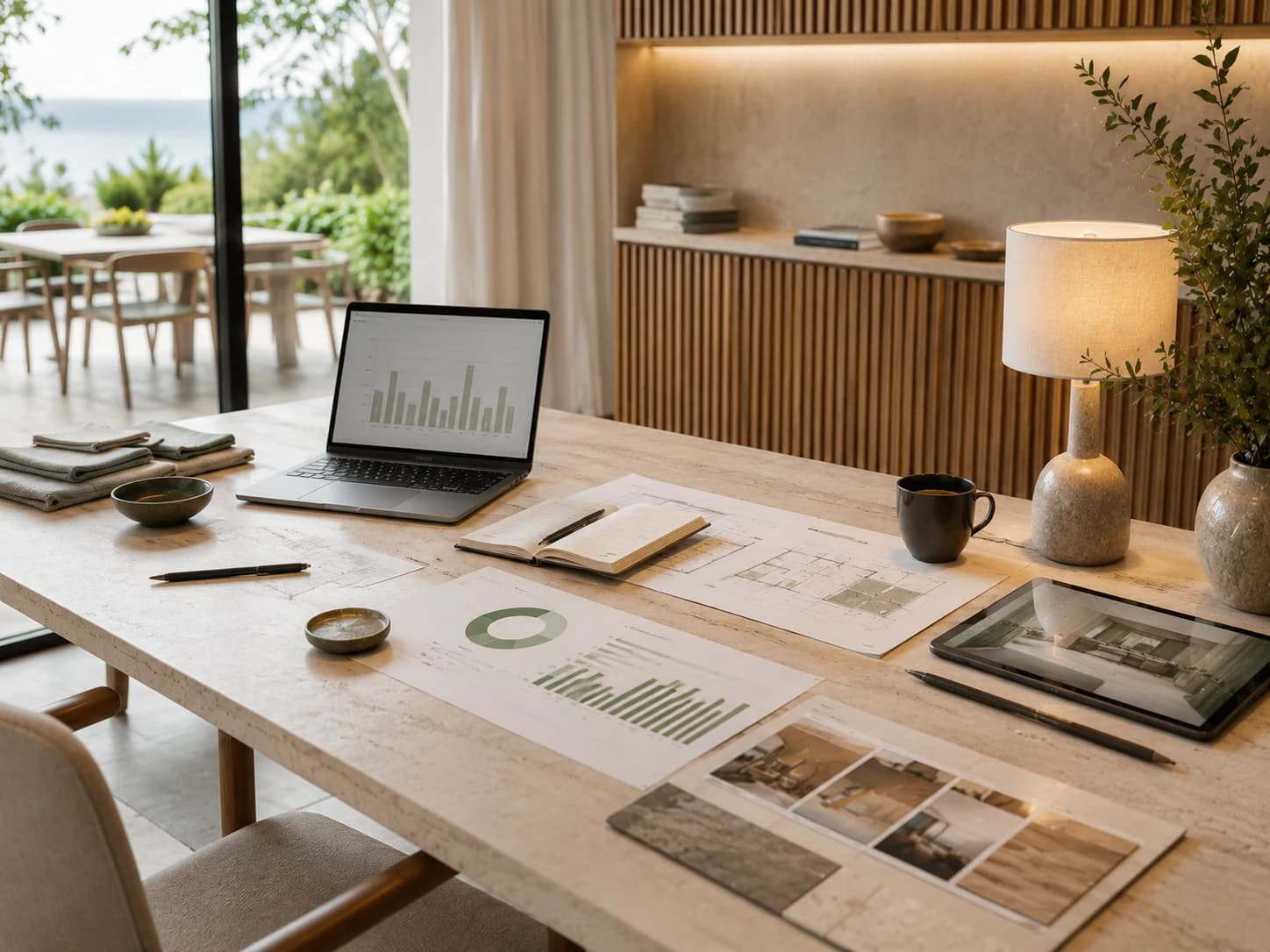 Planning table with printed sage analytics charts, architectural plans, a laptop, an open notebook and a tablet in daylight.