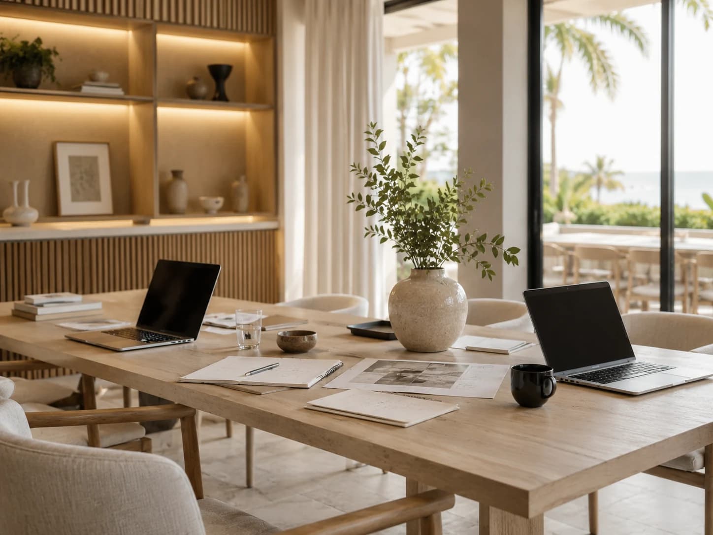 Bright shared work table with open laptops, notes and a stoneware vase, beside warm shelving and a coastal window.