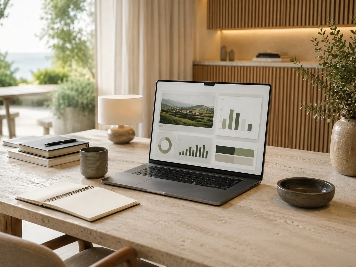 Laptop on a stone table showing a sage-toned dashboard of charts, beside a notebook, ceramic cup and olive branches.