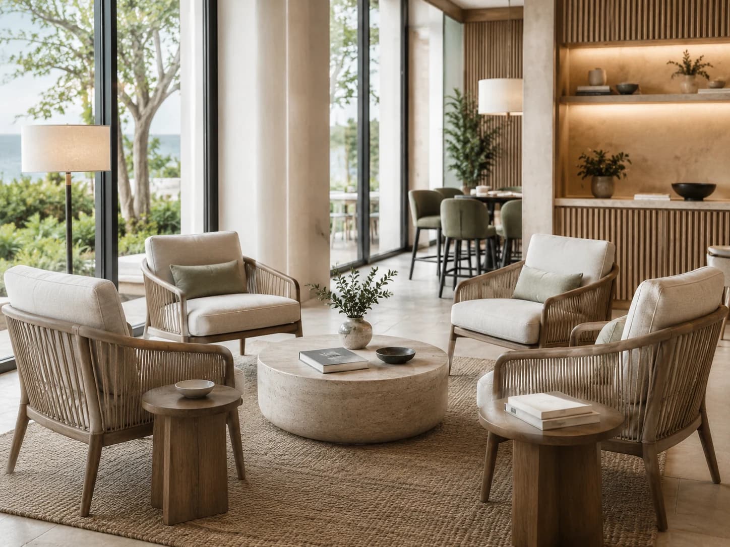 Daylit lounge with woven armchairs around a round stone table, jute rug and full-height glazing onto trees and sea.