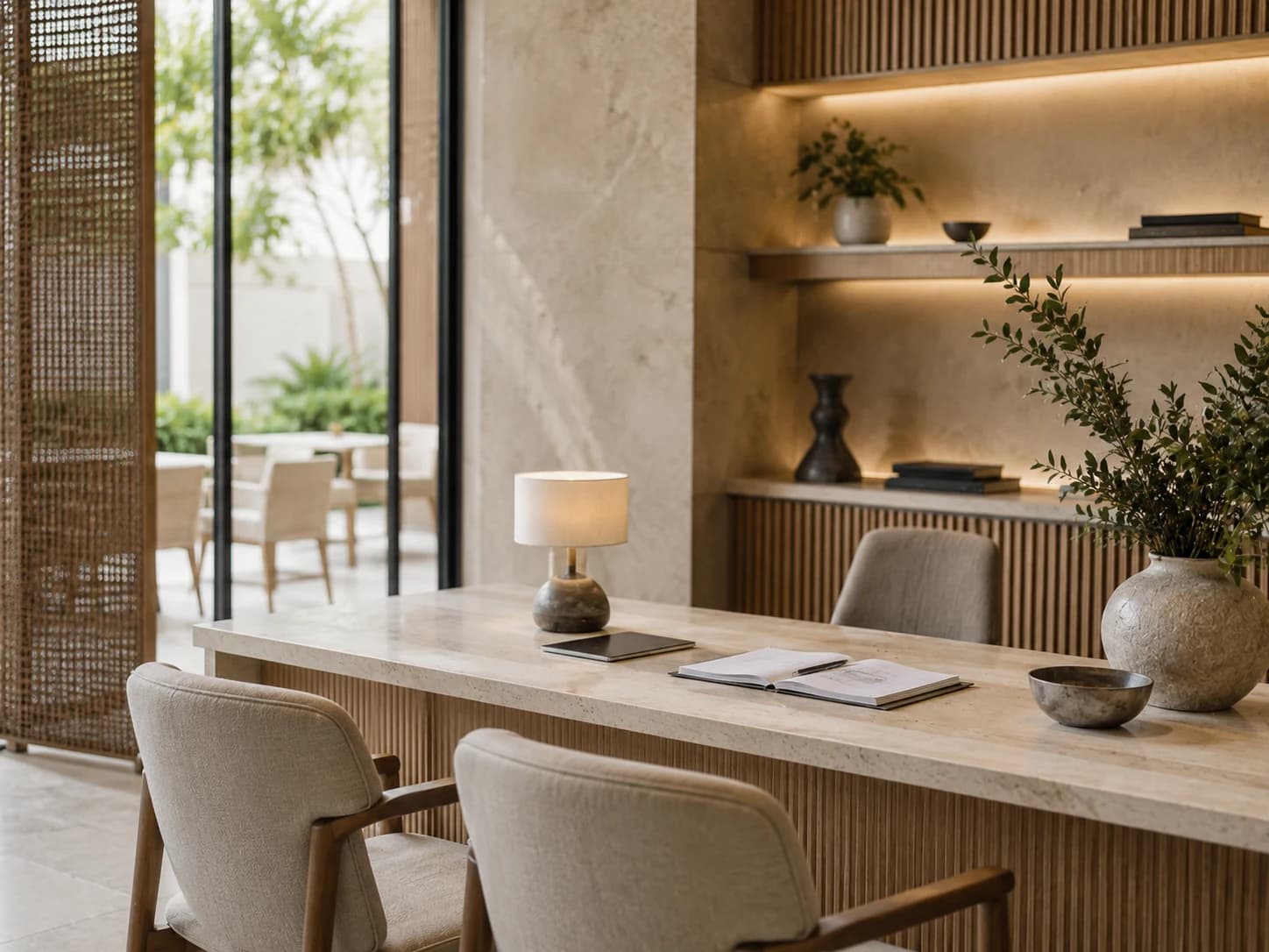 Sunlit reception counter in travertine and fluted timber, with upholstered chairs, warm shelving and planting.