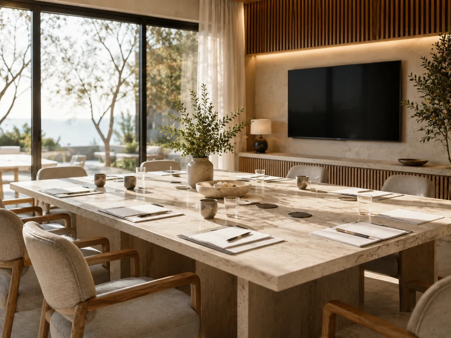 Sunlit meeting room with a long stone table set with notepads and pens, olive branches and open doors onto a coastal terrace.