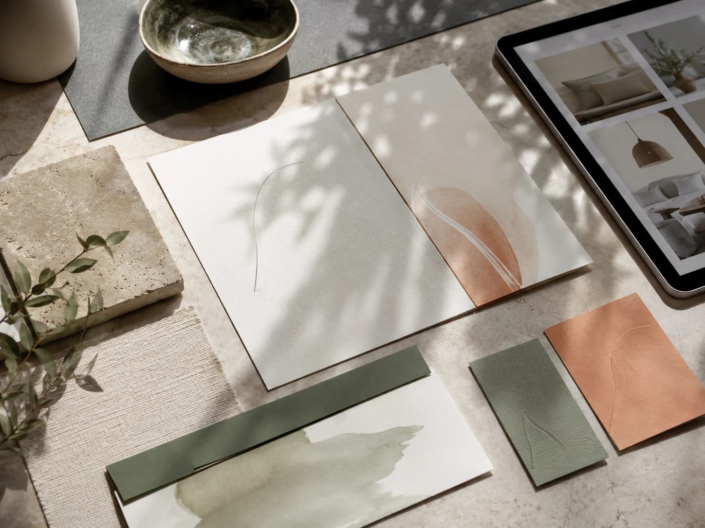 Brand collateral flatlay in sunlight: textured stationery, sage and apricot cards, stone and linen samples and a tablet showing interior photography.